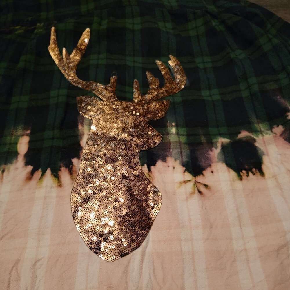 Custom Blue Green flannel plaid bleached shirt with sequined reindeer on back - Picture 7 of 7